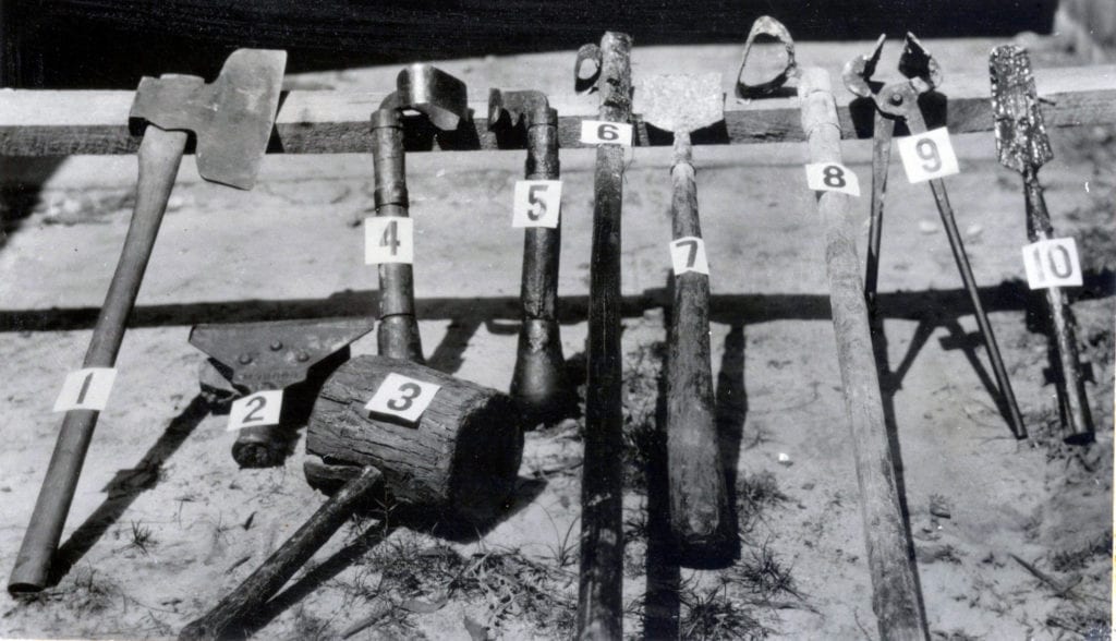 Turpentine tools: 1. Broad axe; 2. Gutter chisel or Pringle axe; 3. Maul; 4. Hogal; 5. Hack; 6. Puller; 7. Push down scraper; 8. Pull down scraper; 9. Apron and gutter puller; 10. Dip iron. Photo by U.S. Forest Service.