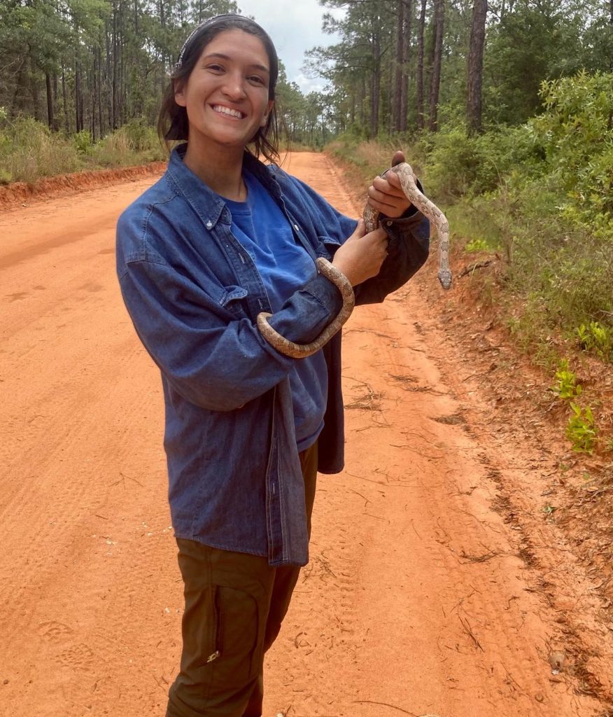 Jessica holding a gray rat snake found while crossing a road.