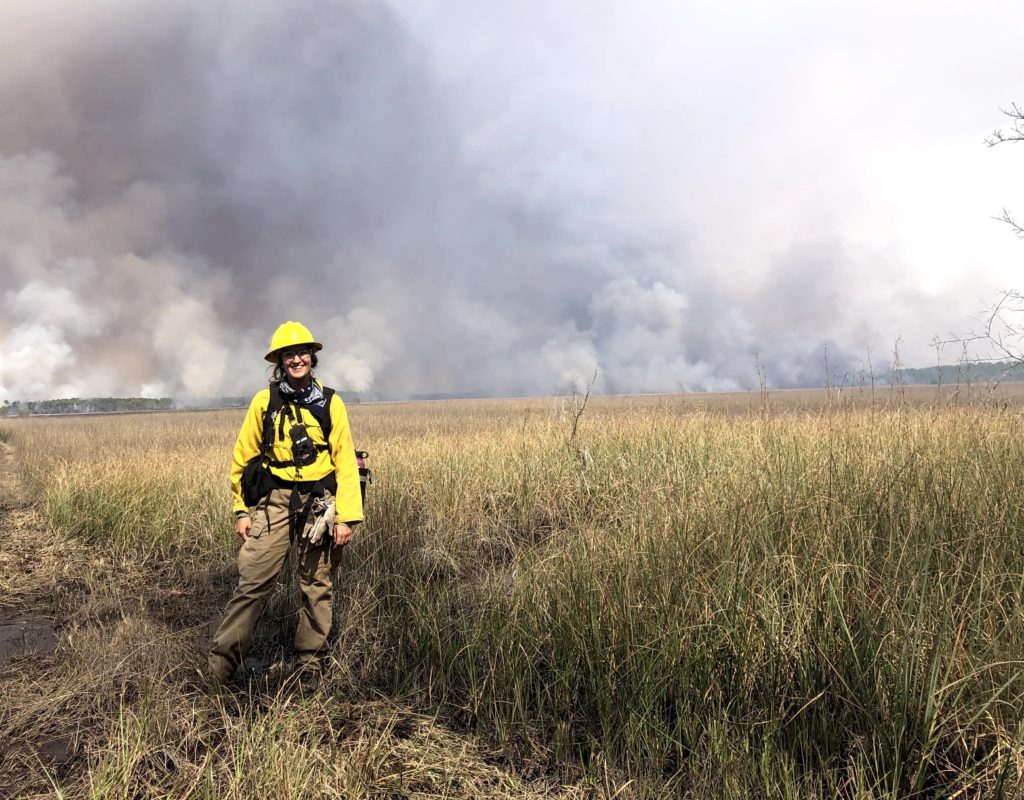 Jessica in full PPE during a prescribed fire.