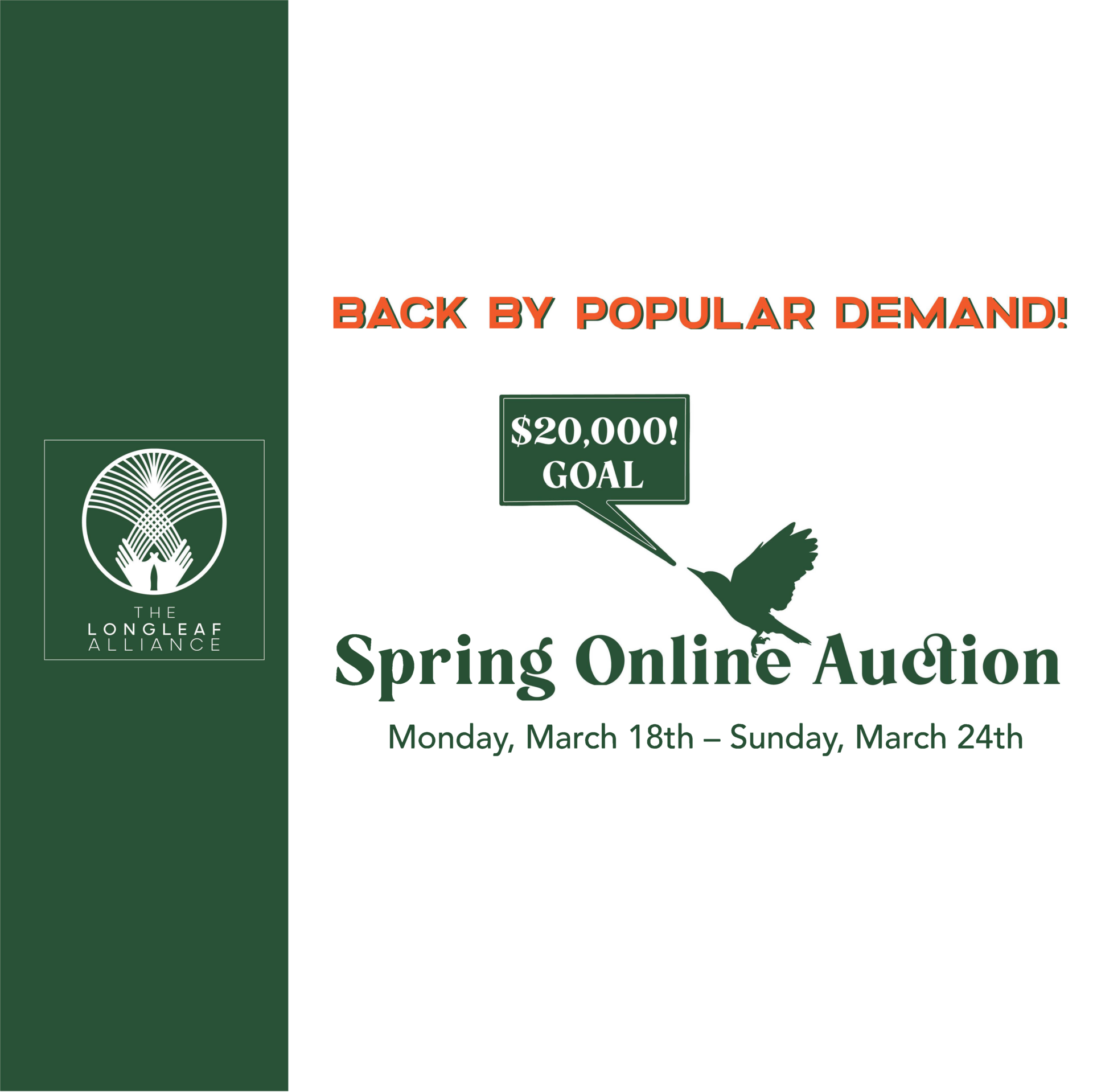 Our Spring Auction begins Monday, March 18 at 8:00am ET and concludes on Sunday, March 24 at 8:00pm ET.